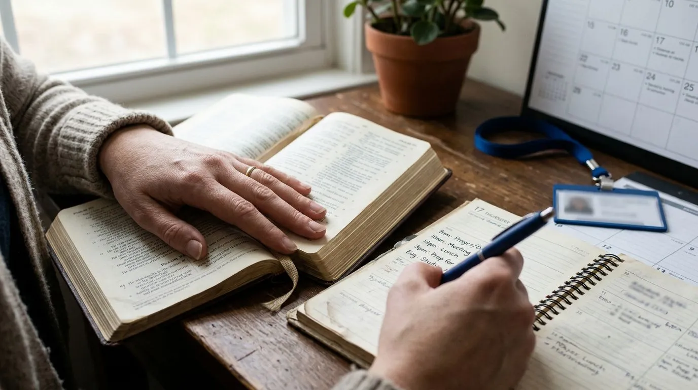 Hands near an open Bible during daily work planning