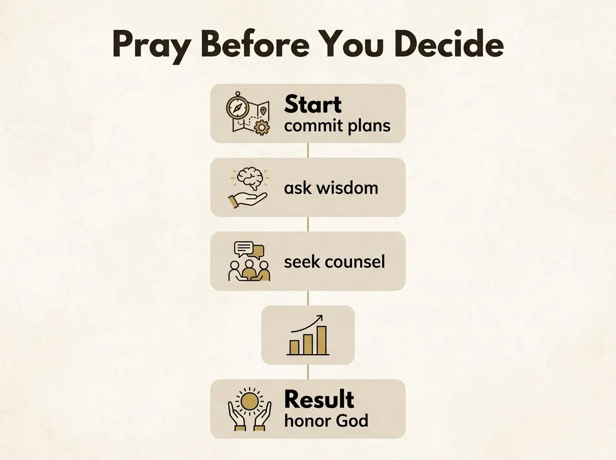 A clean infographic showing practical steps to commit plans to God and seek wisdom before deciding.