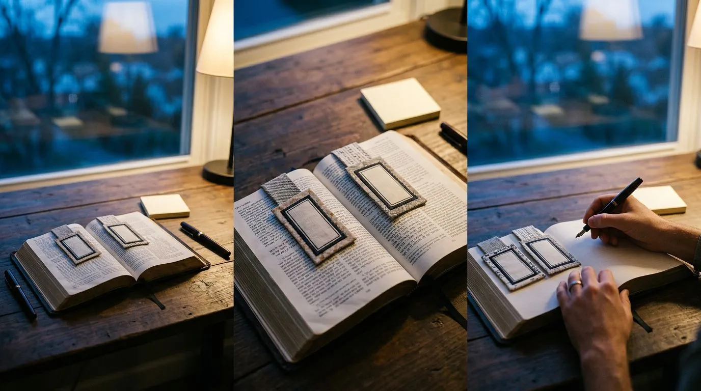 Desk scene with open Bible, pen, blank sticky notes, and blue evening light, no readable text.