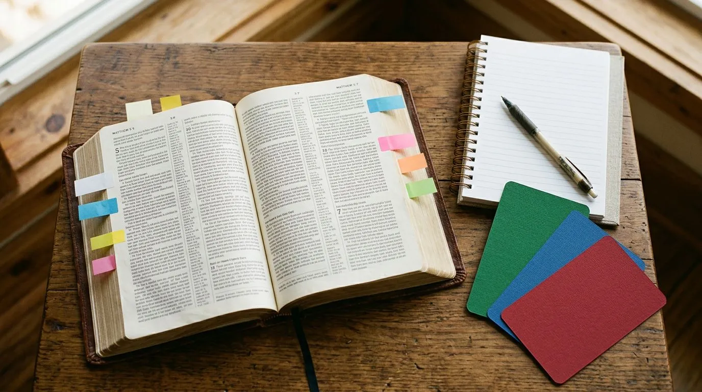 Open Bible with sticky notes and color-coded prayer cards