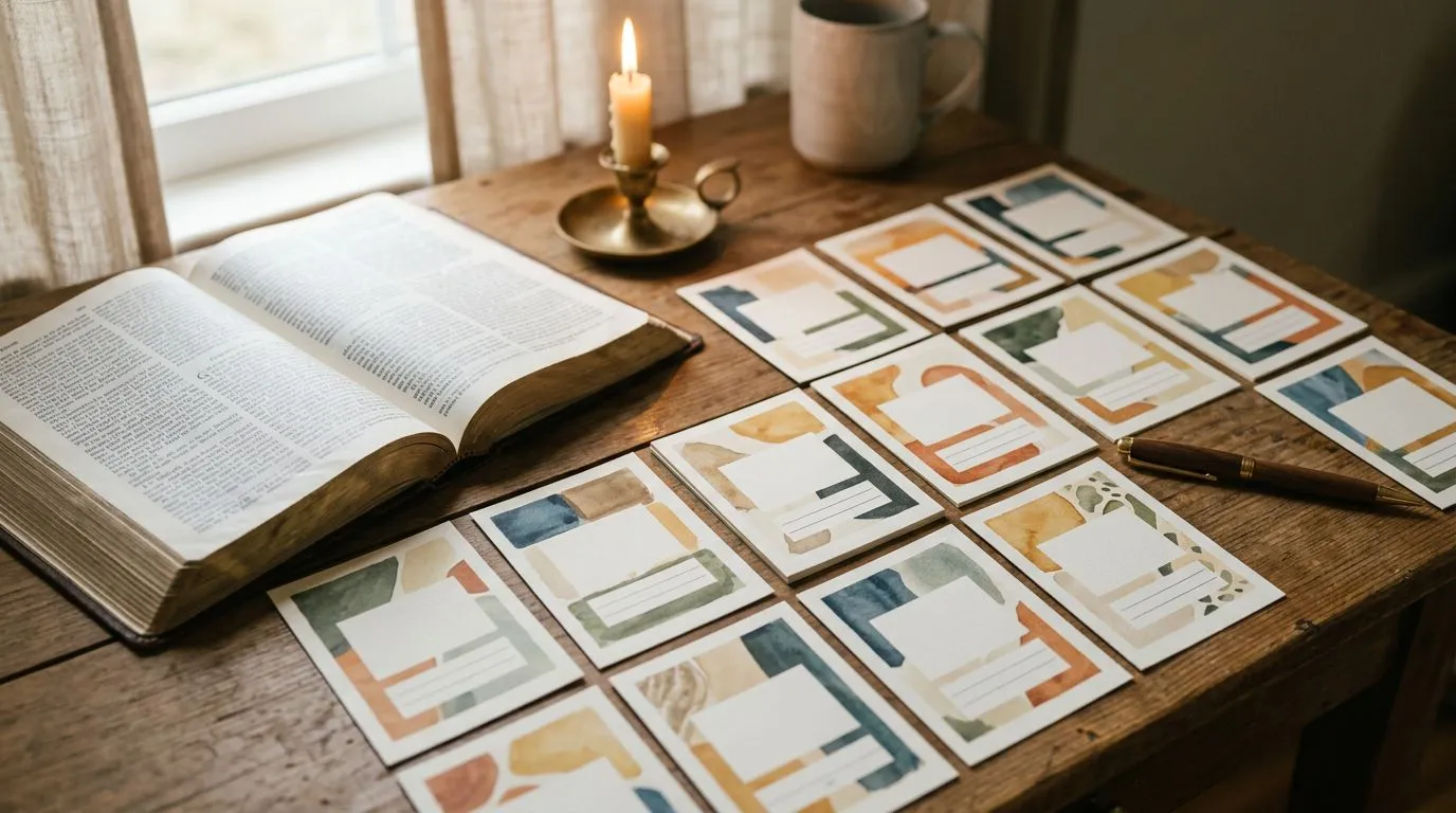 Encouraging Bible verse cards beside an open Bible