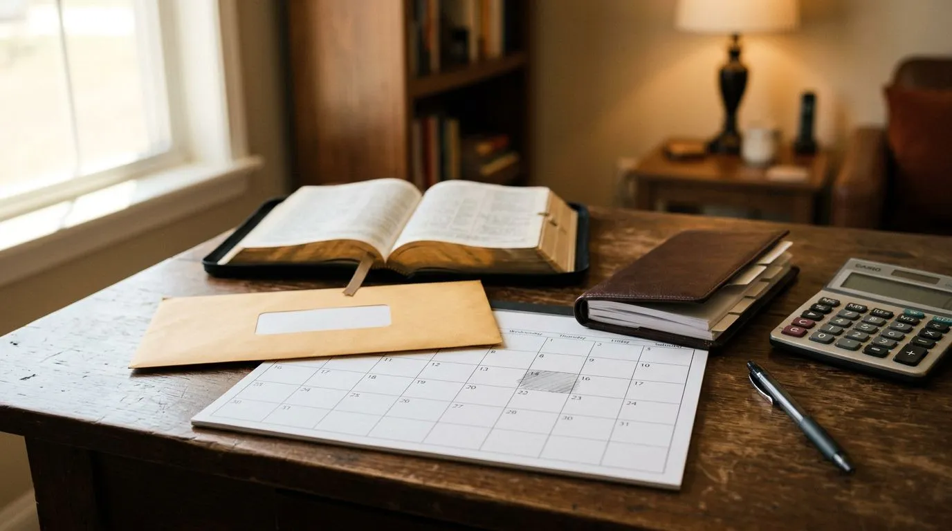 An open Bible and repayment planning tools on a desk, illustrating debt and repayment themes.