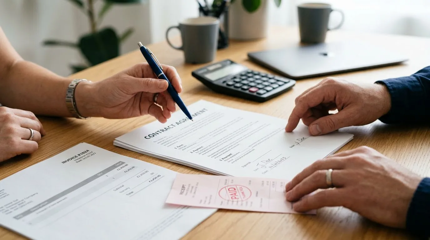 A hand reviewing a contract and invoice on a desk
