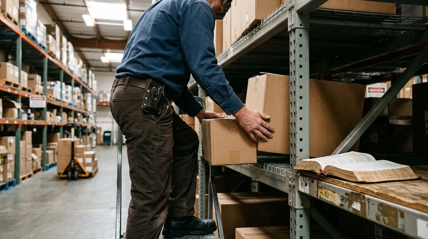 Hands organizing items in a workplace with an open Bible nearby