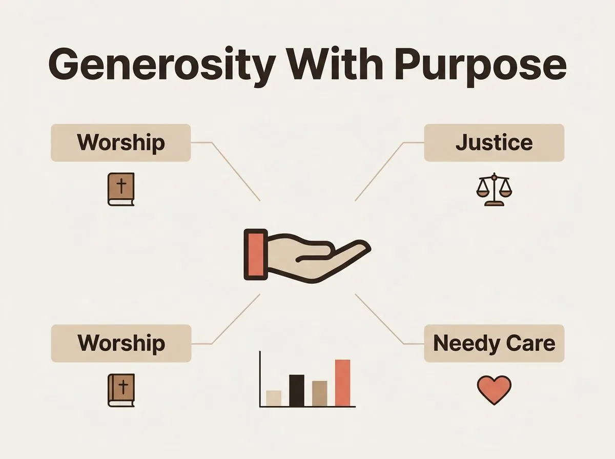 Infographic showing labeled concepts of worship, justice, trust, and care for the needy around a central giving icon.