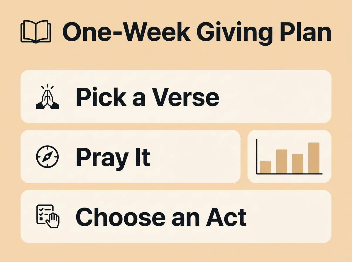 Checklist infographic with short steps for applying Bible verses about giving, including praying a verse and choosing a concrete act.