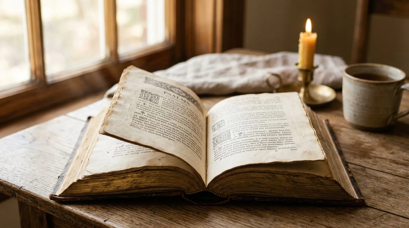 Open Bible pages with soft window light and a calm, prayerful mood.