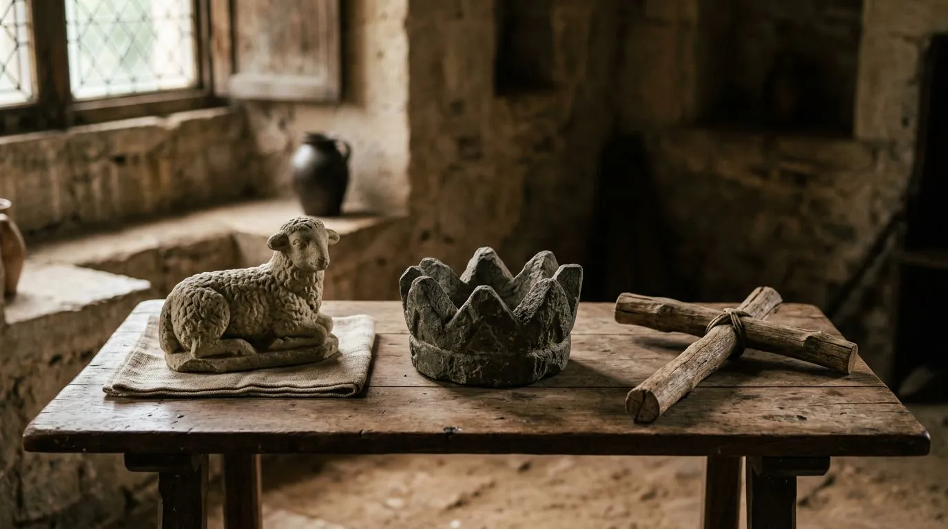 Symbolic objects representing Jesus’ biblical titles in warm light