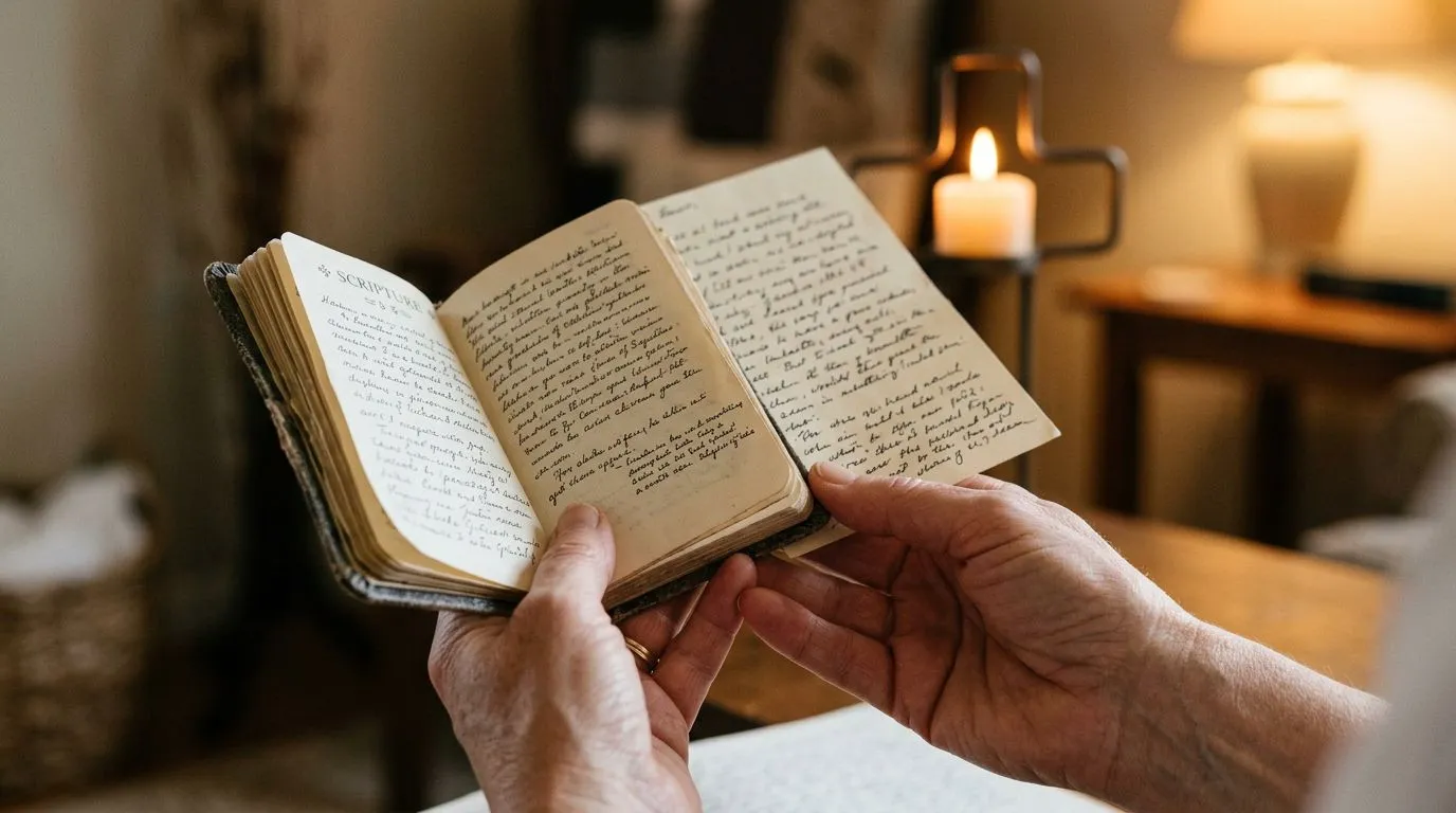 Warm, grace-filled scene with hands holding a scripture booklet and handwritten notes.
