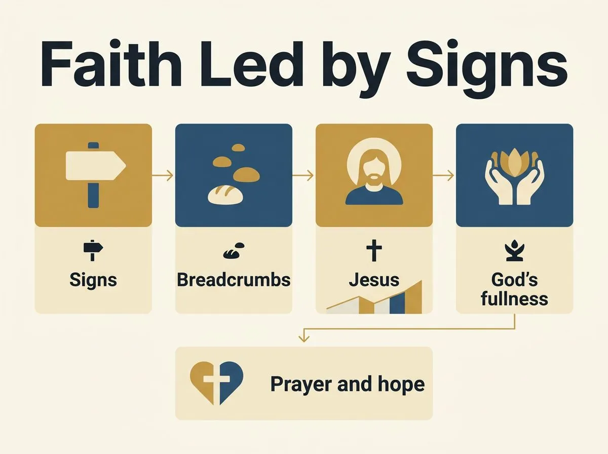 Infographic flow showing miracles as signs that lead to Jesus and God’s fullness, ending in prayer and hope.