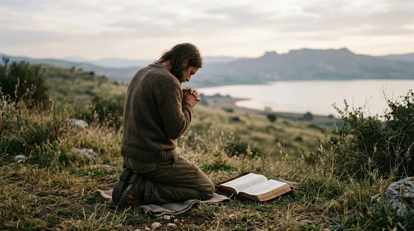 A person kneeling in prayer with a Bible on the ground, soft morning light, hopeful atmosphere.