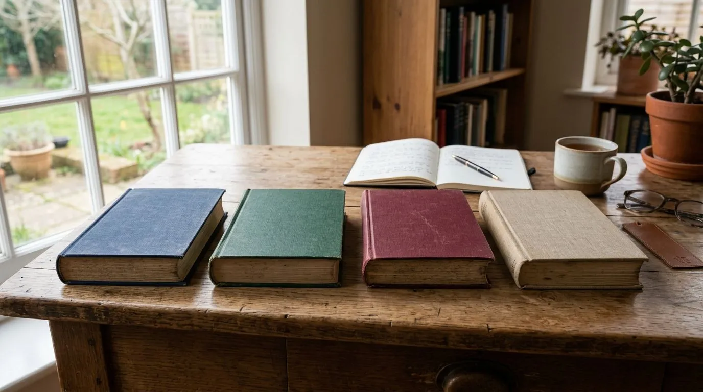 Four Gospel books displayed on a desk under natural light, study atmosphere, no visible text.