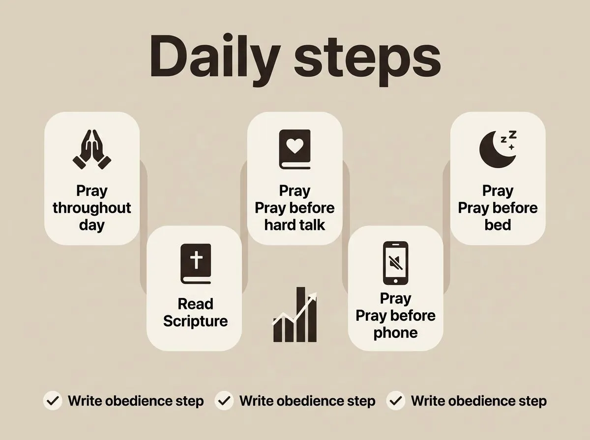 Infographic of daily steps to follow Jesus, with icons for prayer and Scripture