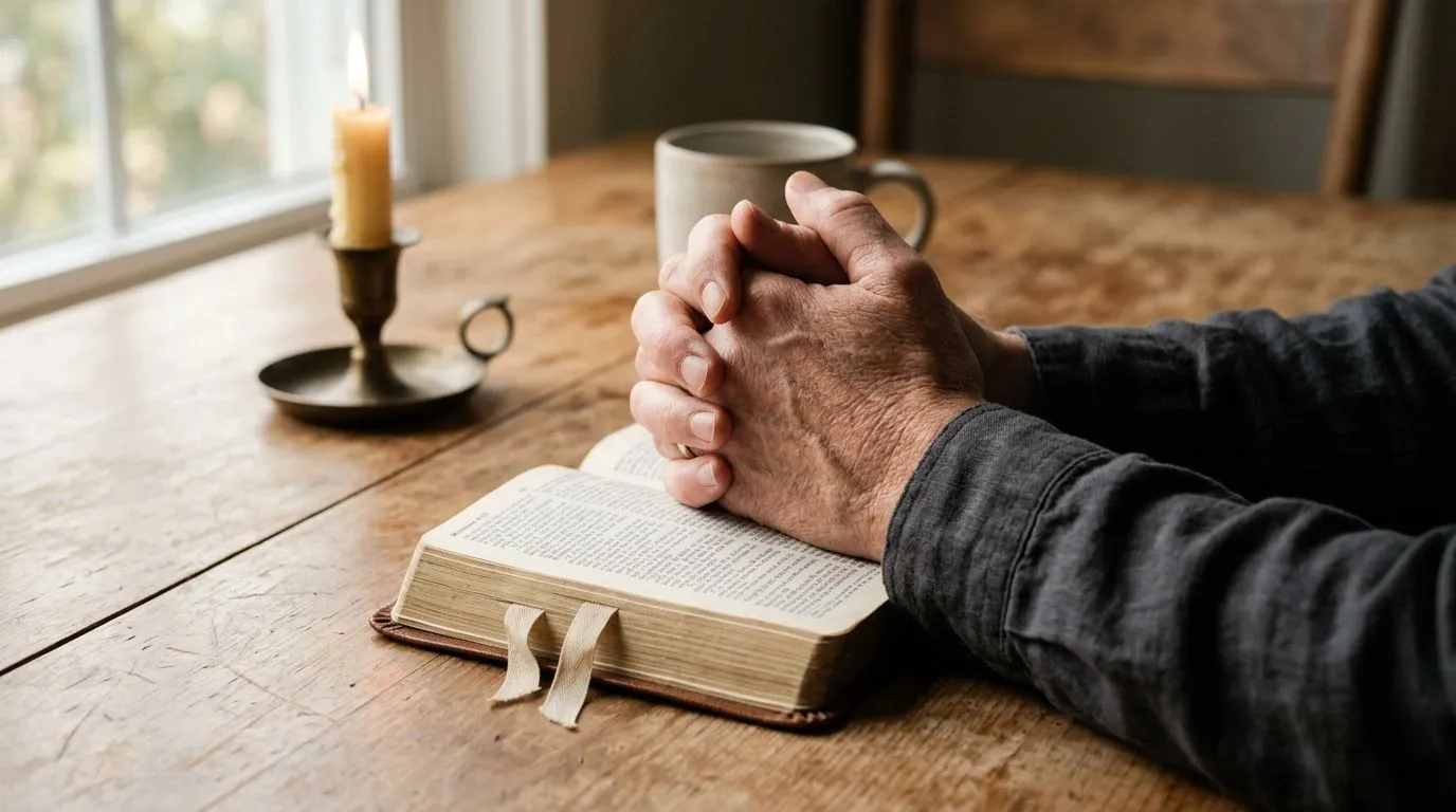 Hands in prayer over an open Bible on a kitchen table, no face visible.