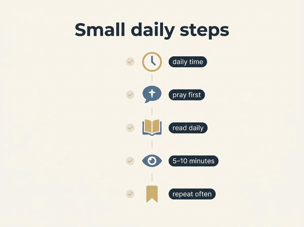 Infographic showing simple daily steps to build a Bible reading habit.