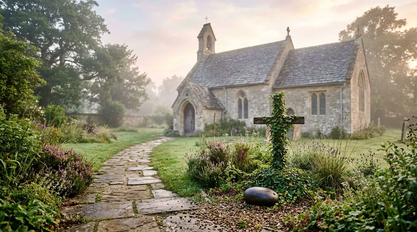 Sunrise scene near a church pathway, symbolizing forgiveness and a renewed way forward.