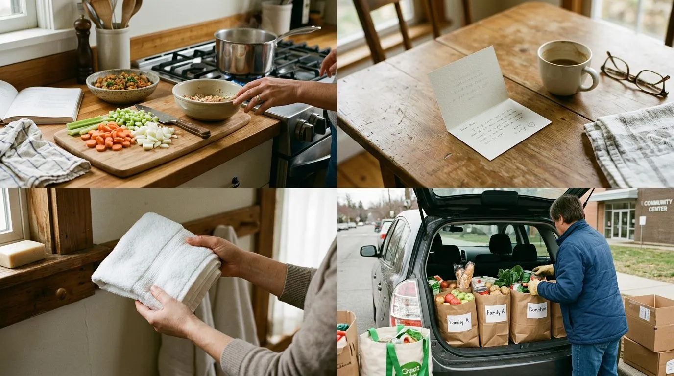 Everyday scenes of patience, honesty, forgiveness, and service represented through hands and daily tasks.