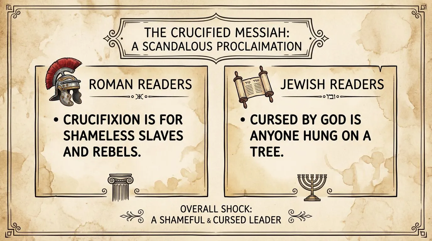 Infographic comparing what crucifixion meant to Roman readers and Jewish readers, showing why the gospel sounded shocking.
