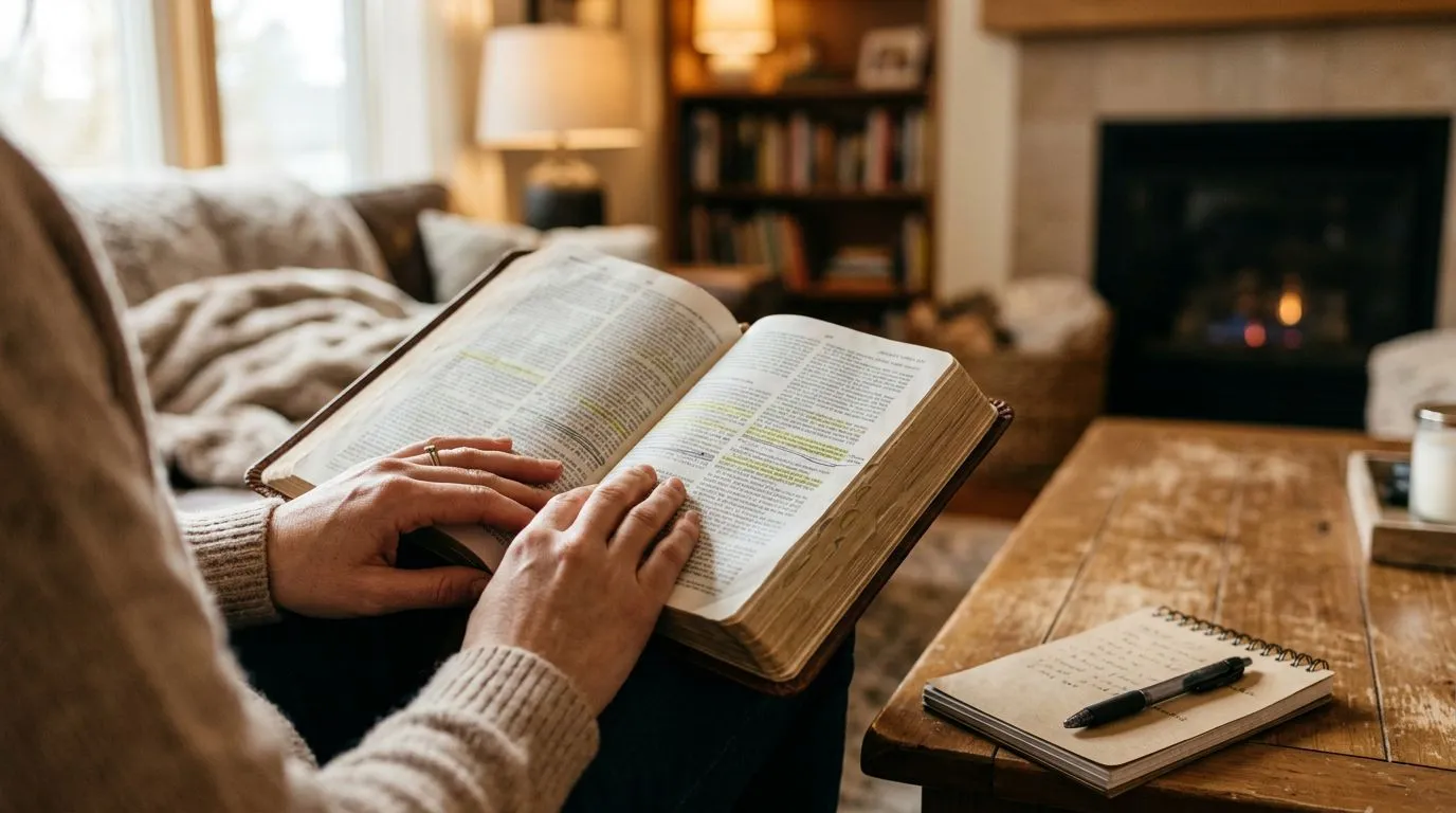 Hands holding an open Bible with a notepad nearby, calm home setting, no readable text.