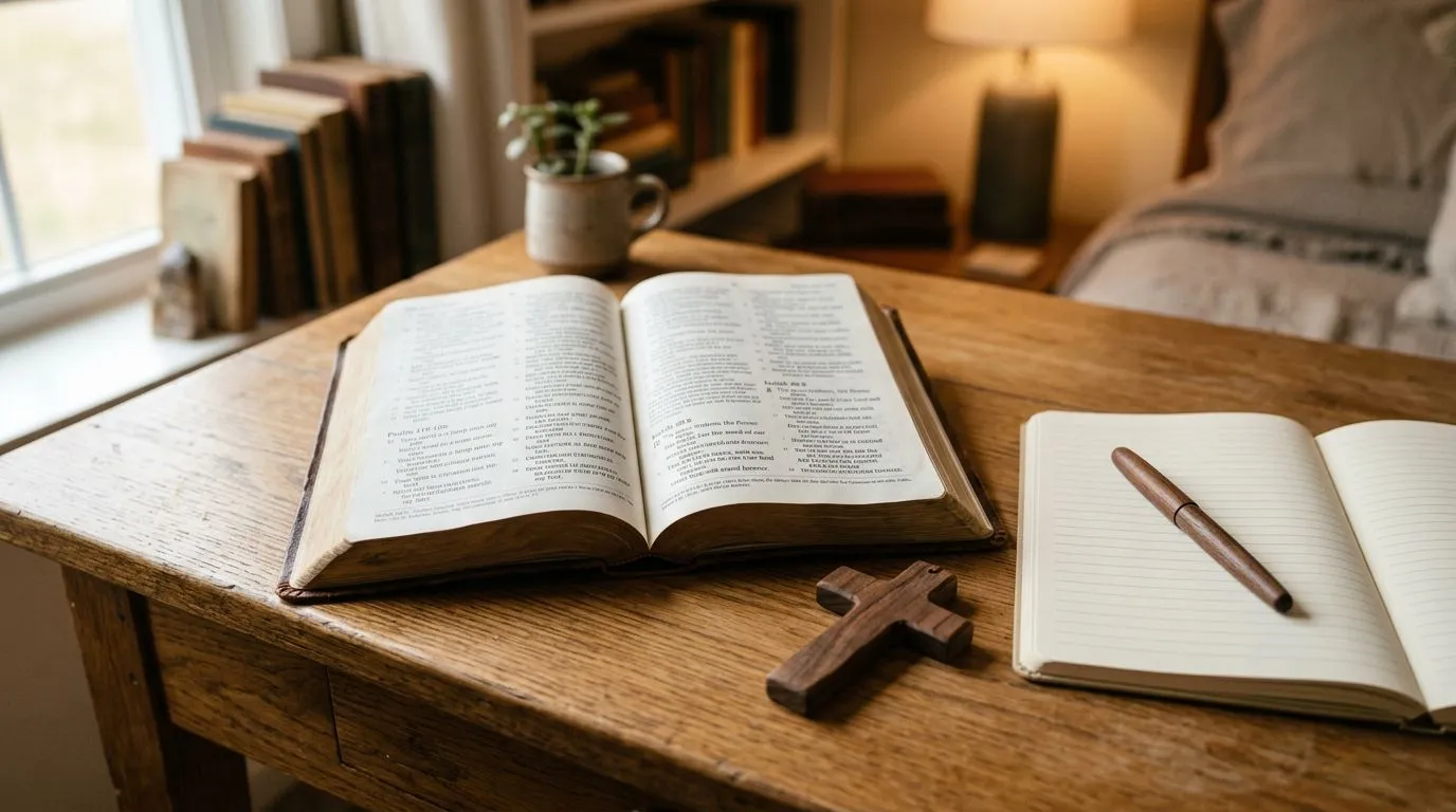 Bible open on study desk with pen and notebook
