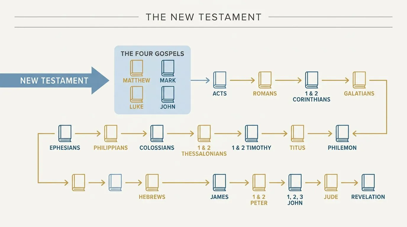 Infographic-style diagram highlighting Matthew, Mark, Luke, and John at the start of the New Testament.