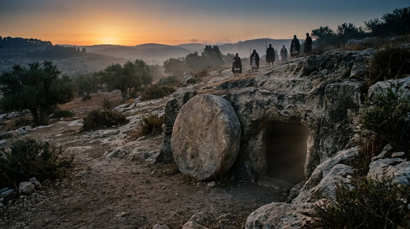 Dawn scene with an open, empty tomb outside Jerusalem