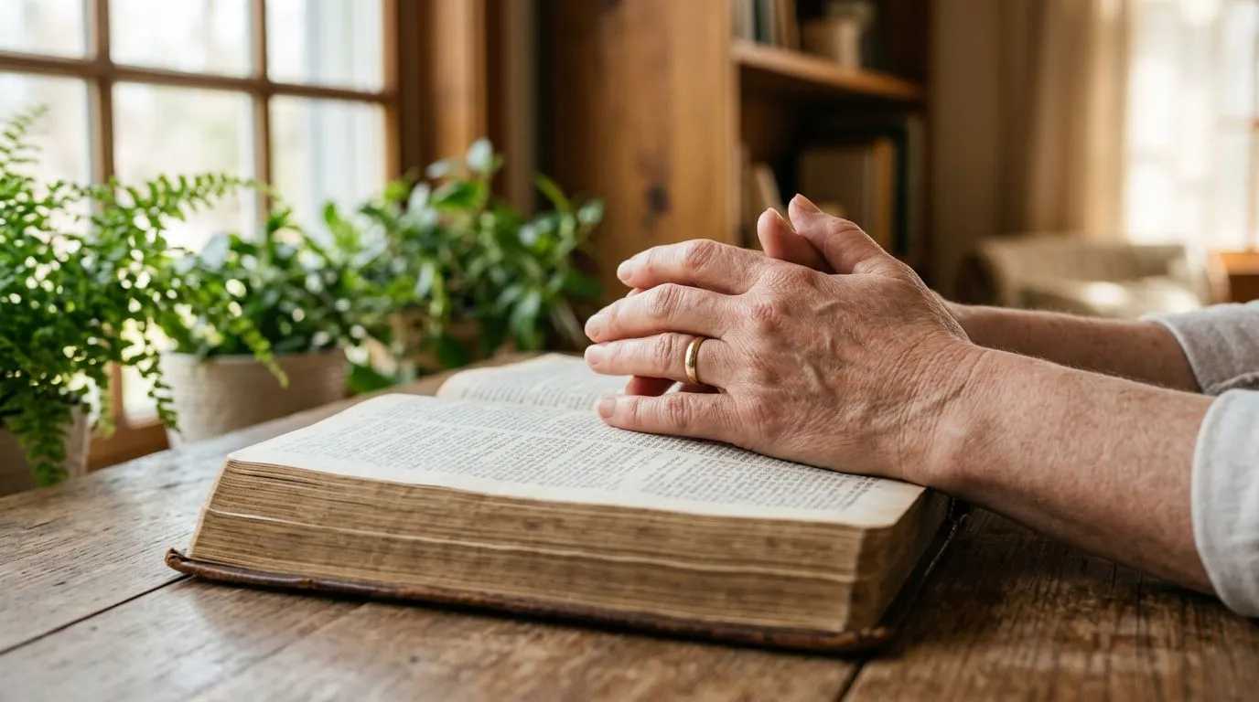 Hands resting on an open Bible in soft morning light, representing personal trust in Jesus.