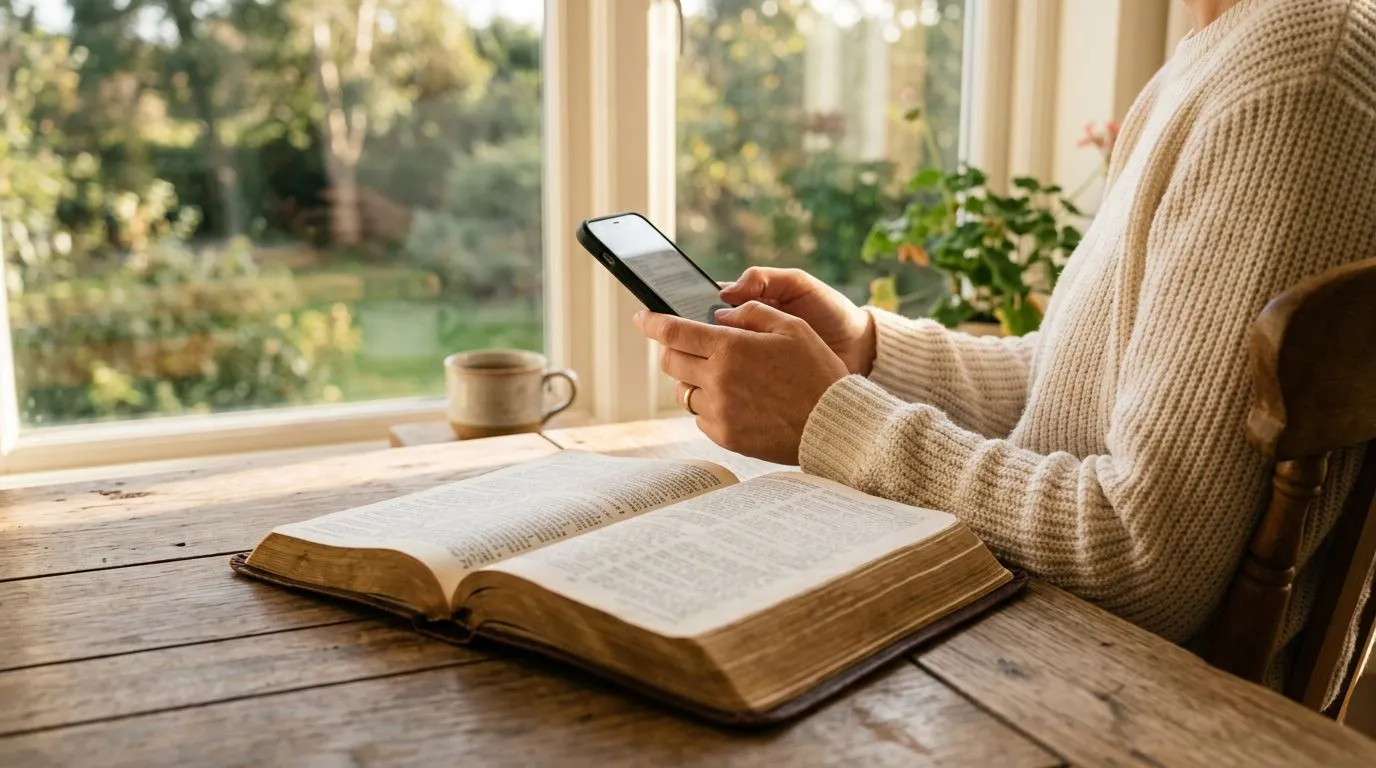 A calm prayer moment with Bible open and a notebook or phone, symbolizing daily trust and honest prayer.