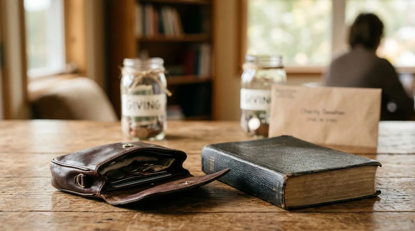 A Bible and wallet on a table with giving-related items suggest Jesus’ message about money and trust.