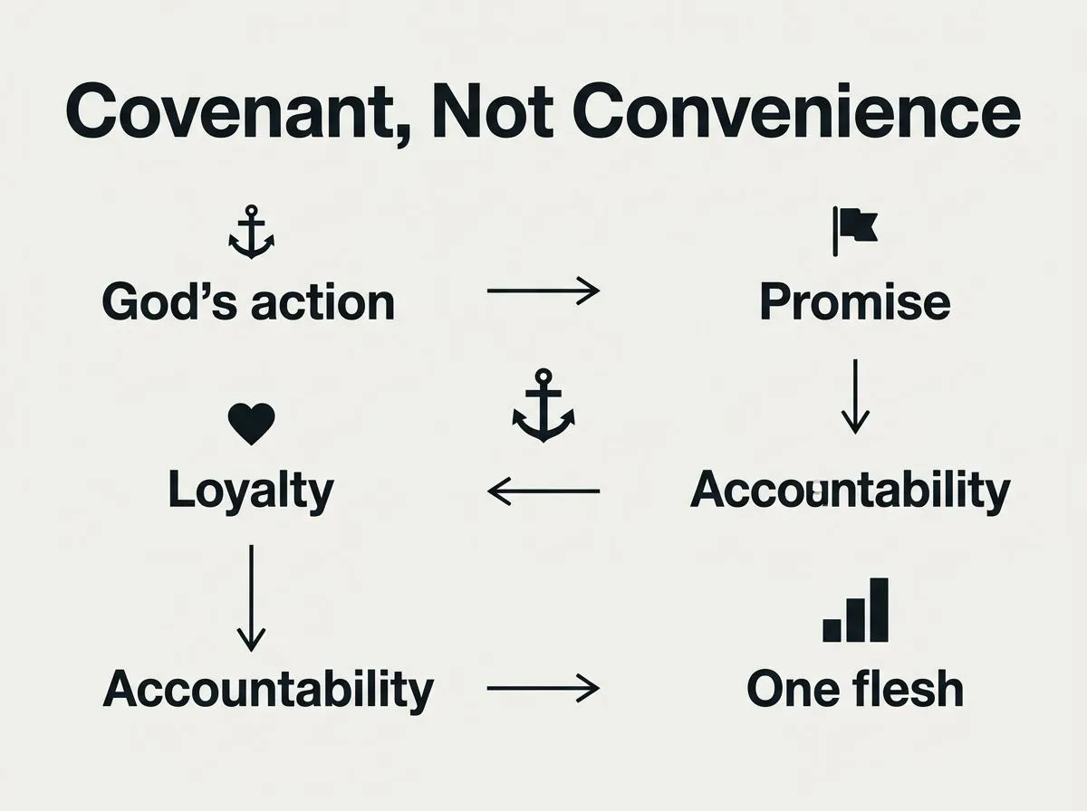 Infographic showing covenant commitment through God’s action, promise, loyalty, accountability, and one-flesh union.