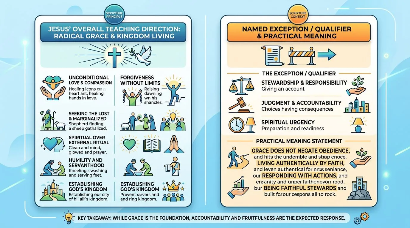 Comparison infographic summarizing Jesus’ teaching direction, named exception, and the practical meaning for marriage.