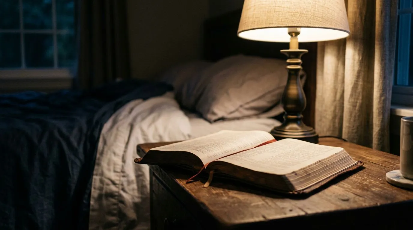Open Bible on a nightstand under warm lamp light at night.