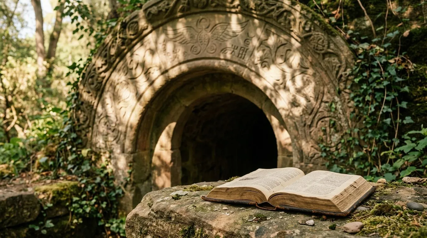 An open Bible resting under a softly lit stone archway, suggesting shelter and protection.
