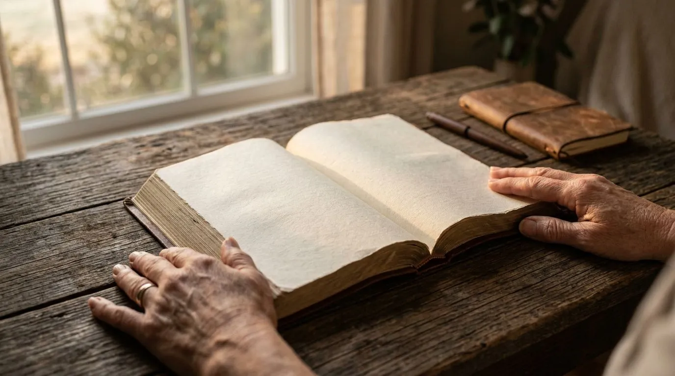 A calm morning devotional scene with an open Bible and quiet focus.