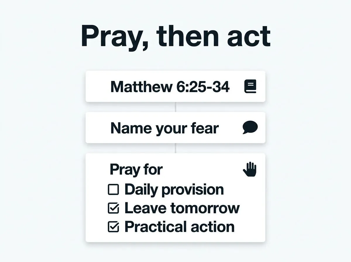 An infographic-style flow showing Matthew 6:25-34, naming fear, praying for daily provision, leaving tomorrow in God’s hands, and choosing a practical action.