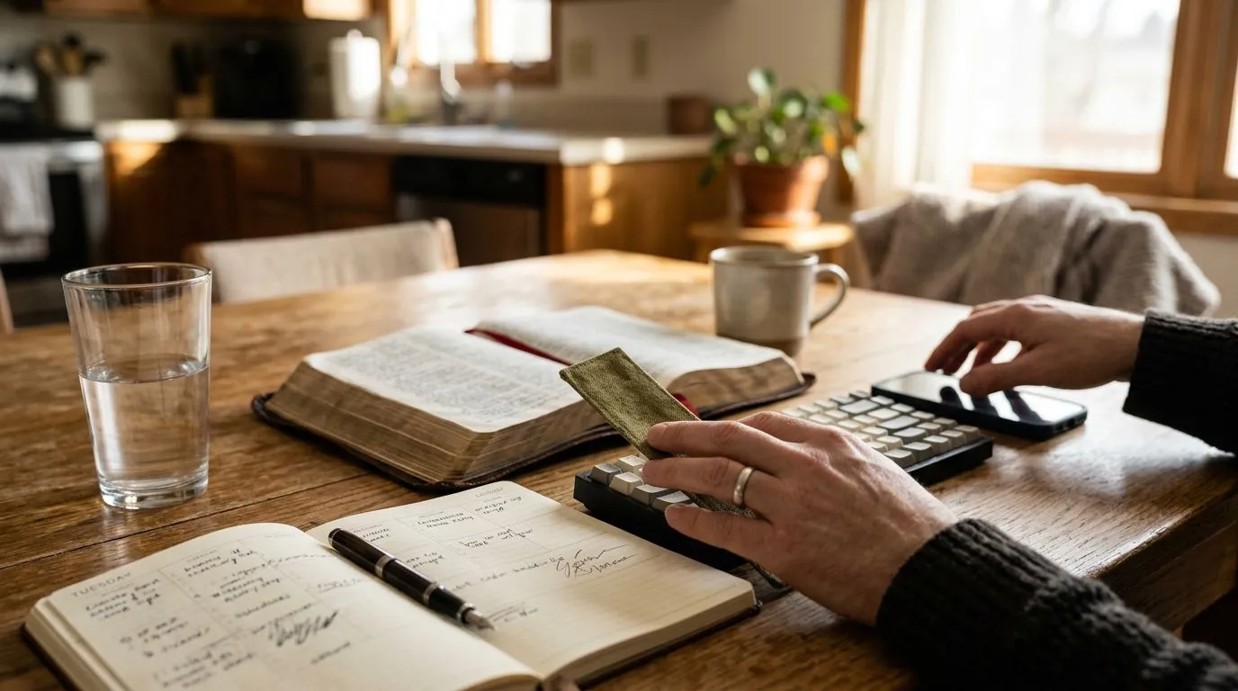 Hands open a Bible and prepare for the workday.