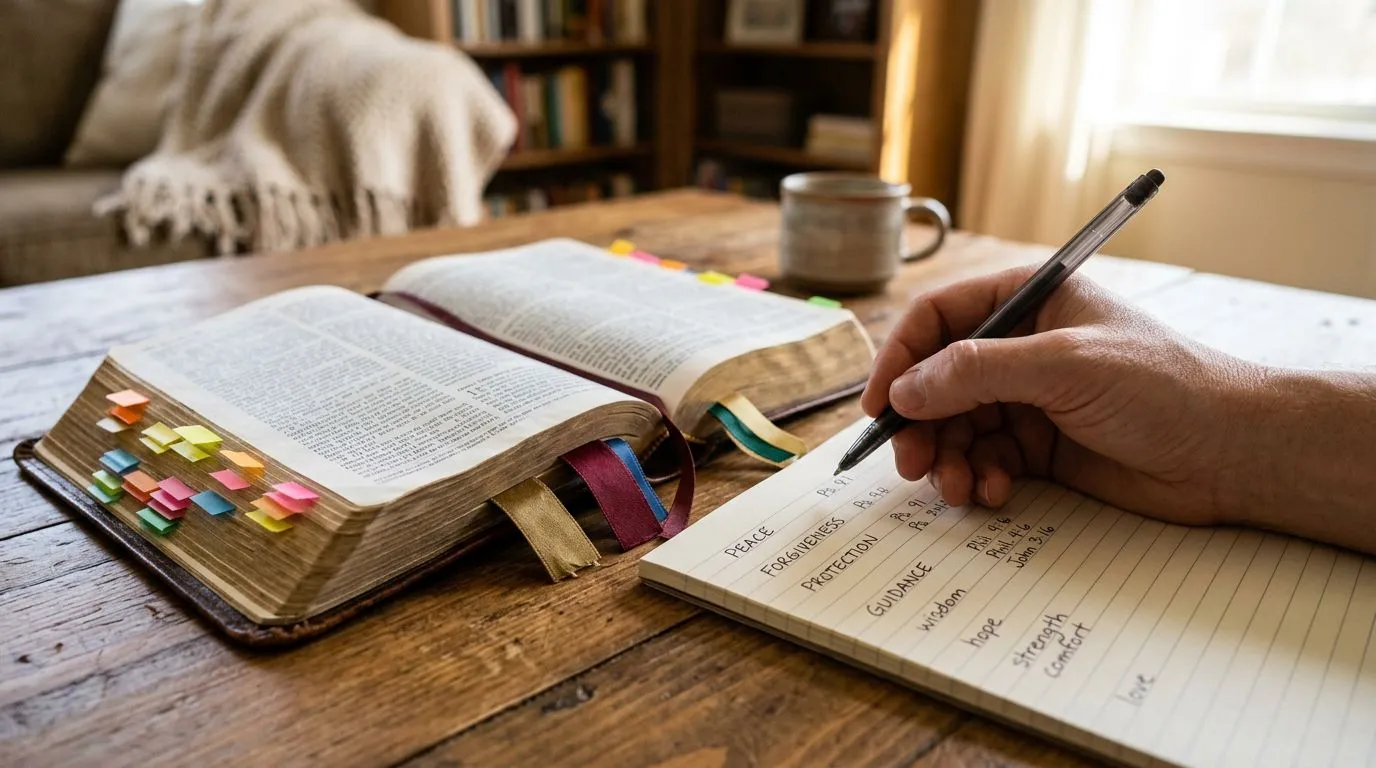 A Bible with bookmarks next to a notepad, preparing to choose verses for family needs.