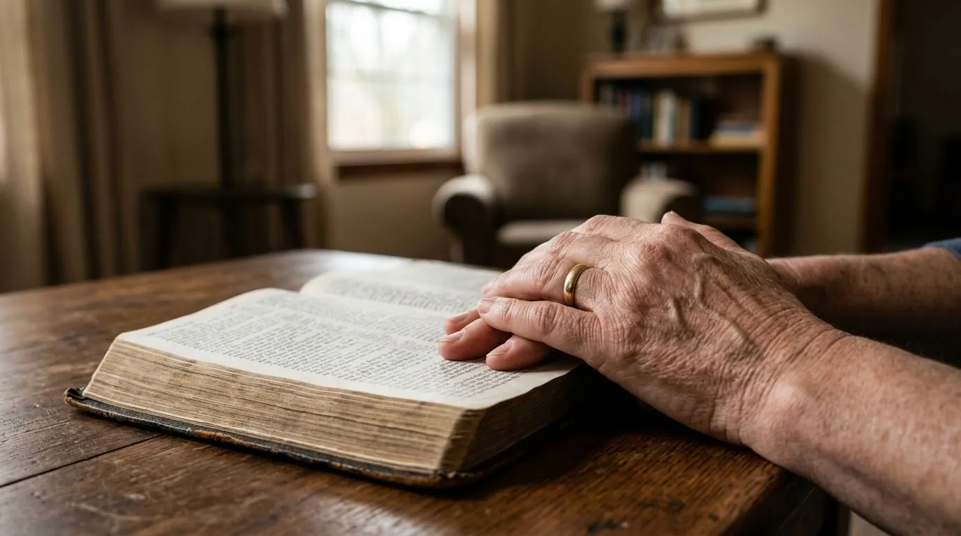 Hands near an open Bible during a moment of uncertainty