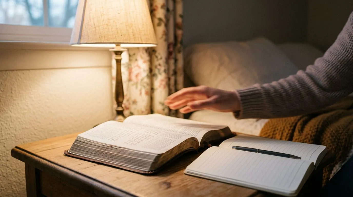 Close-up of an open Bible beside a lamp, representing the verse you read when worry takes over.