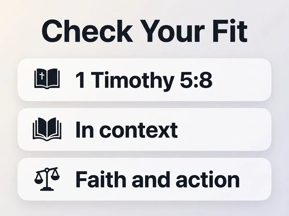 Infographic with simple cards and icons reminding how to apply 1 Timothy 5:8 carefully and in context with faith and action.