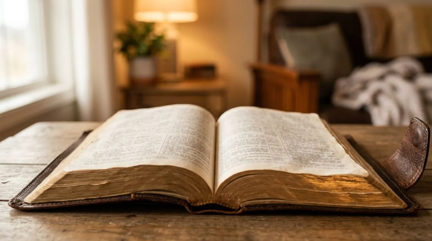 Close-up view of an open Bible, peaceful and hopeful mood for future worries.