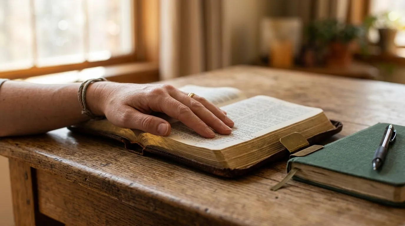 Hands near an open Bible and prayer journal, representing comfort for your family’s future.
